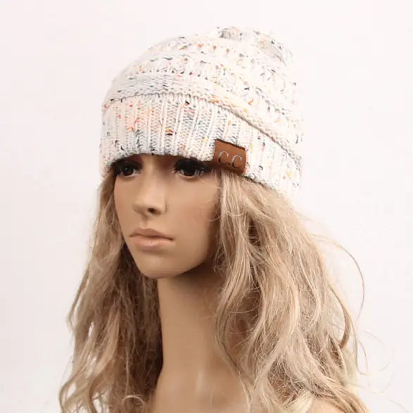 Knit Ponytail Beanie with Colorful Dots