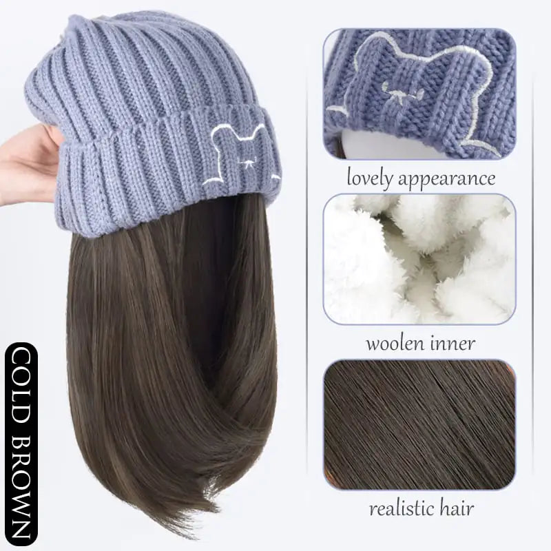 Women's Bear Knitted Hat with Attached Wig