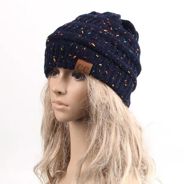 Knit Ponytail Beanie with Colorful Dots