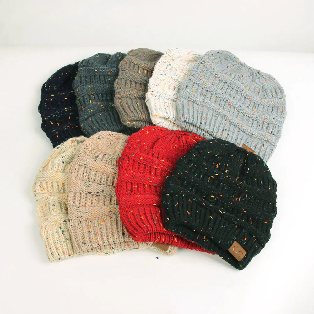 Knit Ponytail Beanie with Colorful Dots