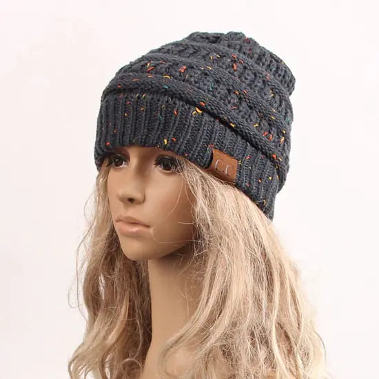 Knit Ponytail Beanie with Colorful Dots