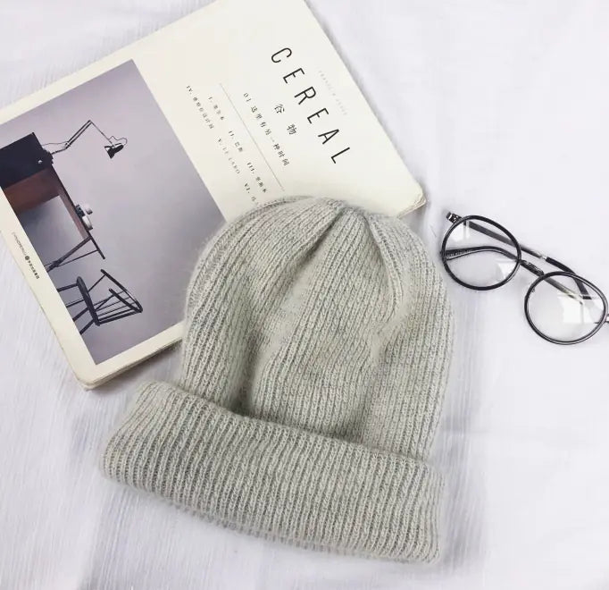 Winter Solid Rabbit Fur Knit Beanie