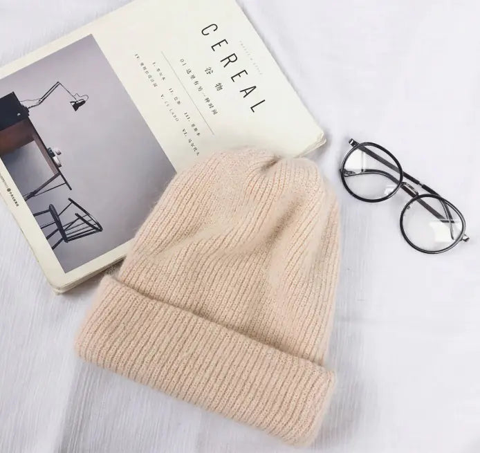 Winter Solid Rabbit Fur Knit Beanie