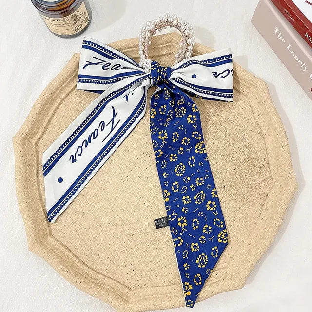 Pearl Ribbon Scarf Hair Bow