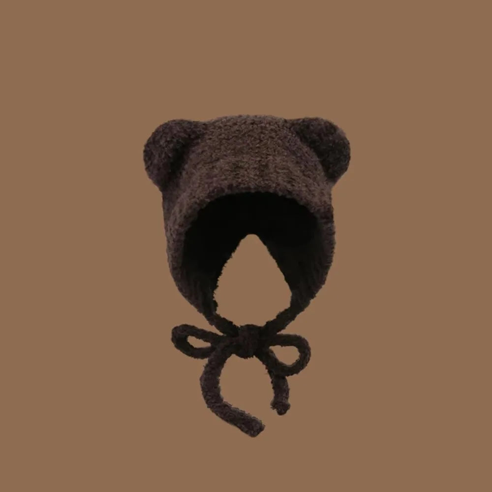 Bear Ear Wool Hat With Rope Knitted