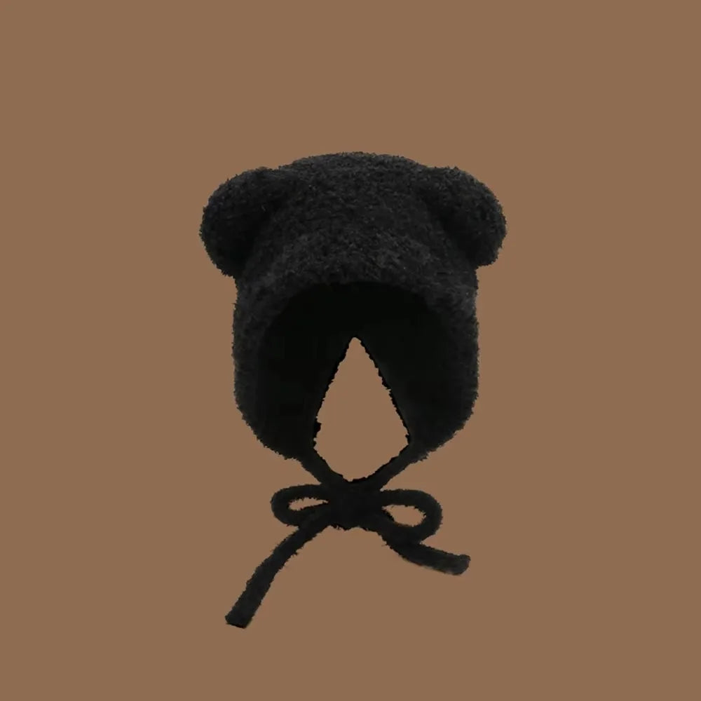 Bear Ear Wool Hat With Rope Knitted