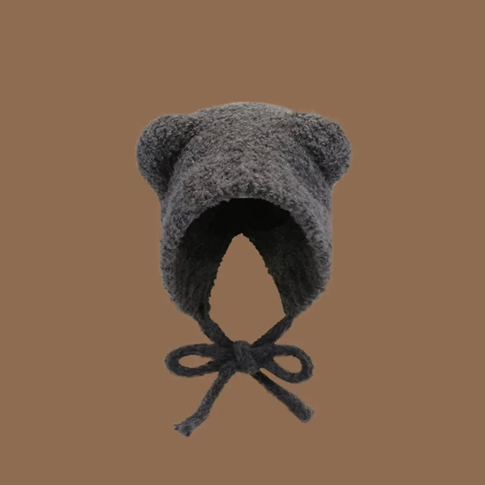 Bear Ear Wool Hat With Rope Knitted