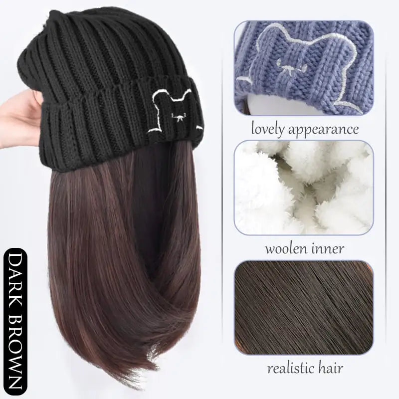 Women's Bear Knitted Hat with Attached Wig
