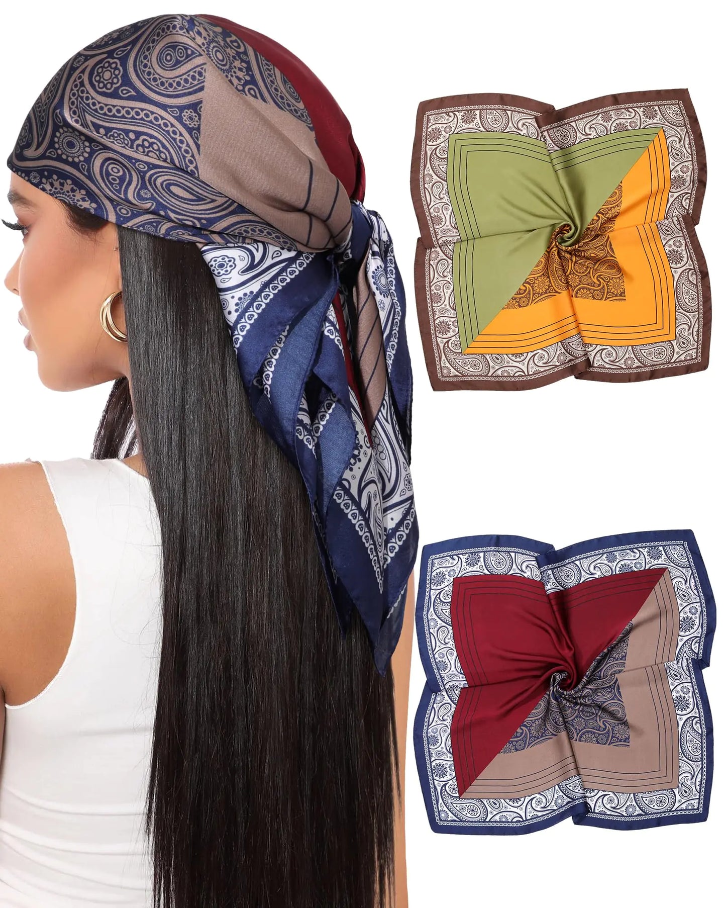 Satin Silk Scarf Hair Bandanas Women 2Pcs