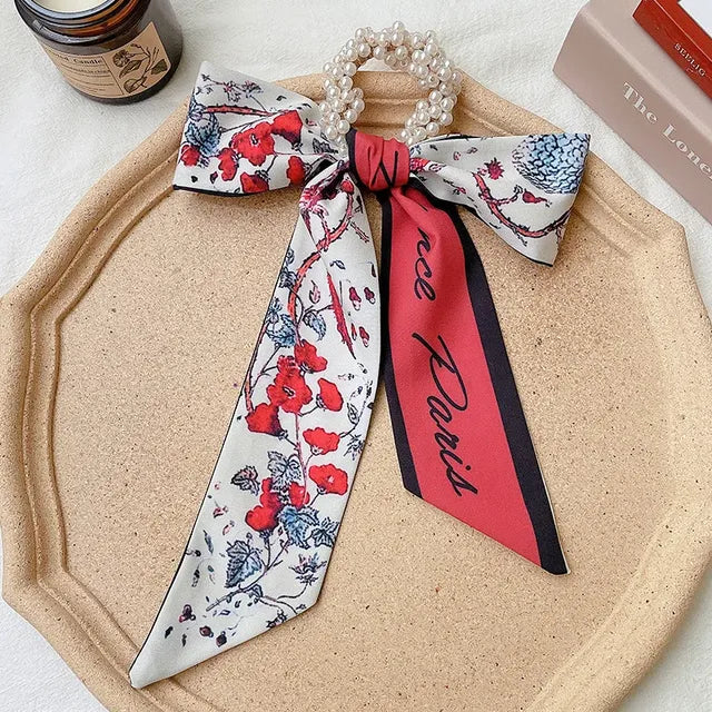 Pearl Ribbon Scarf Hair Bow