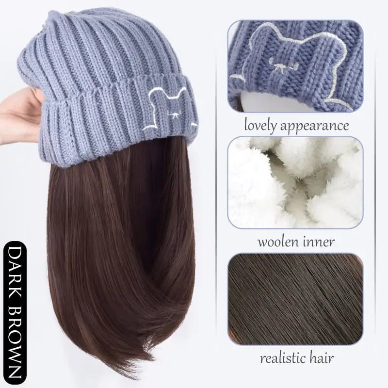Women's Bear Knitted Hat with Attached Wig