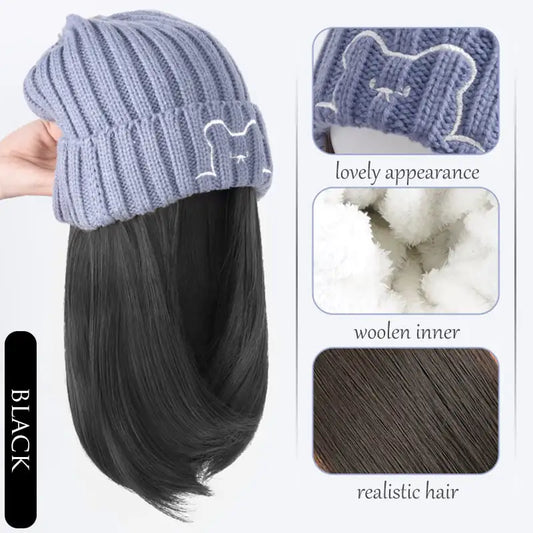Women's Bear Knitted Hat with Attached Wig