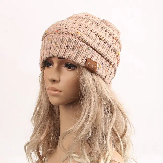 Knit Ponytail Beanie with Colorful Dots
