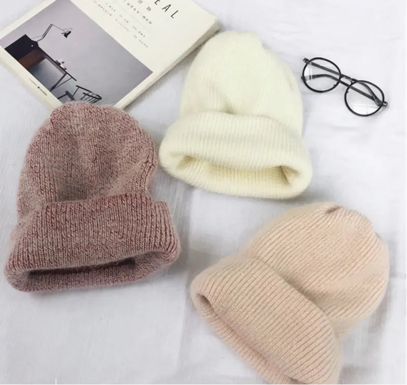 Winter Solid Rabbit Fur Knit Beanie